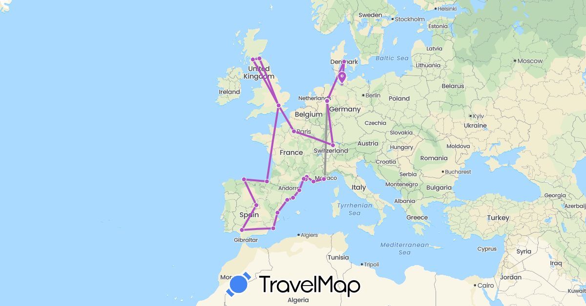 TravelMap itinerary: driving, plane, train in Switzerland, Germany, Denmark, Spain, France, United Kingdom (Europe)
